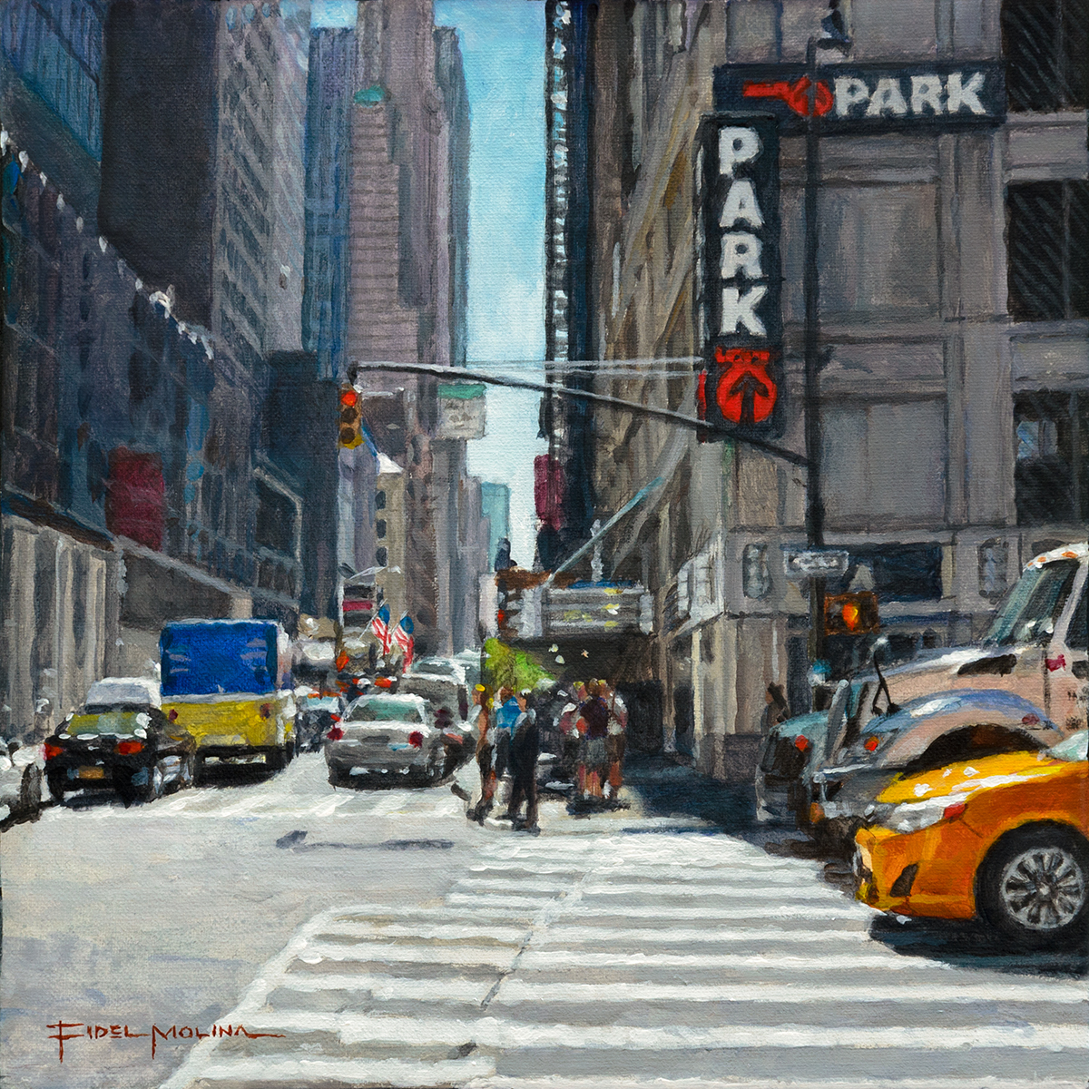 Intersección de calles de Nueva York con taxis, coches y gente